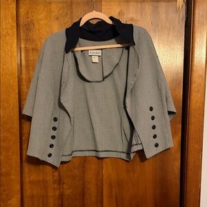 Eileen Fisher Gray Open-Front Cropped Jacket with Black Trim